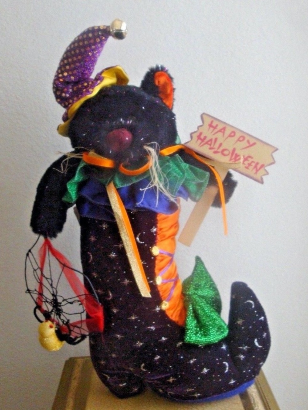 Vintage Happy Halloween Plush Black Cat in Witch Boot